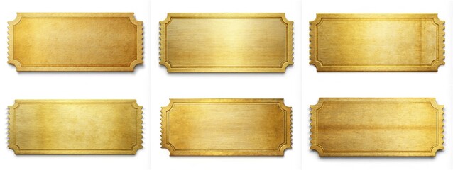 A set of six golden tickets with a gold border. The tickets are all the same size and shape, and they all have a gold color