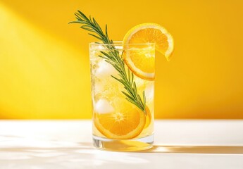 Wall Mural - Iced orange rosemary drink, sunny background, refreshment