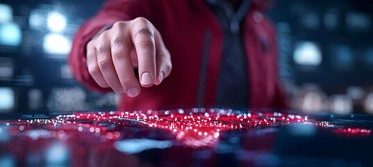 Sticker - Person interacting with a holographic interface, data points glowing red, city background, futuristic technology concept