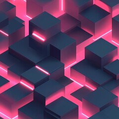 Aufkleber - Abstract Cubic Cityscape with Pink Neon Glow - Isometric 3D Block Pattern Design