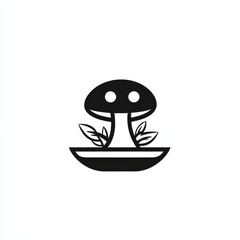 Poster - Simple Black and White Illustration of a Mushroom with Leaves in a Pot, isolated on white background.