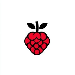 Poster - Stylized Raspberry Illustration on White Background: Red Fruit with Black Outlines and Leaves