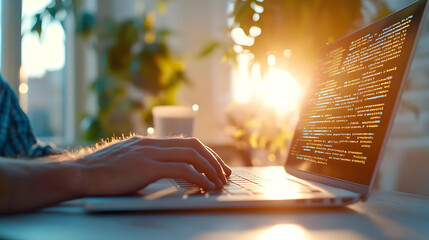 Programmer coding on laptop at sunset, home office background, software development