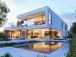 Modern house dusk poolside rendering exterior design