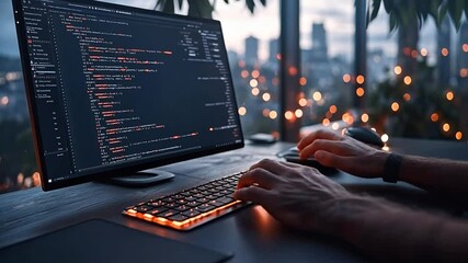 Coding at dusk with a city skyline in the background and bright lights shimmering below