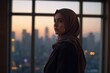 © He - Young woman hijab city skyline sunset black blazer contemplative