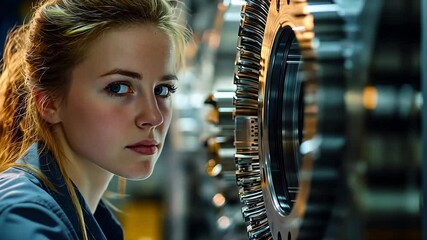 Fototapete - A focused female engineer examines a complex machine component, showcasing her expertise and attention to detail. The environment is industrial, highlighting the intricacies of engineering work.