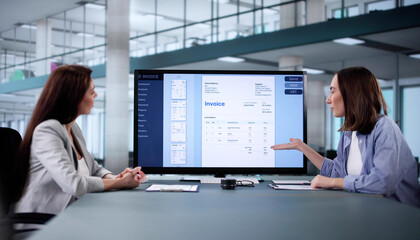 Poster - Woman using computer to view tax invoice for electronic business accounting