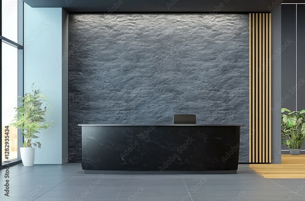 Picture of A modern reception desk with a black stone texture, flanked by two blue ...