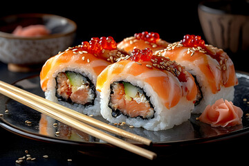 Poster - Delicious Salmon Sushi Rolls On Plate With Chopsticks