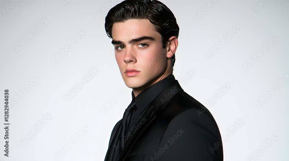 Stylized Back retro-inspired slicked back hairstyle, showcasing the smooth combed ...