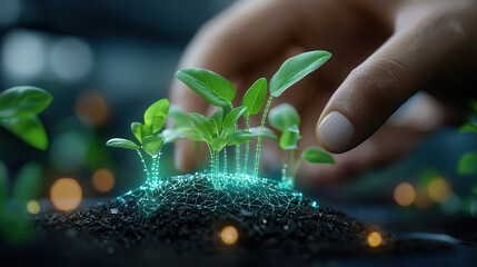 Fototapete - hand gently touches digital plants in holographic asparagus field, glowing with neon green light, symbolizing futuristic agriculture
