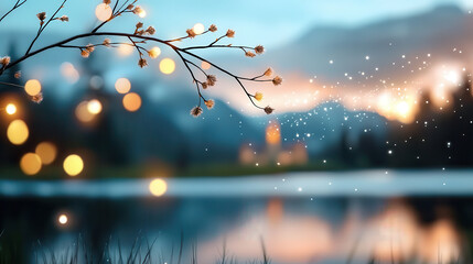 Poster - serene lakeside scene with glowing lights and blurred castle in background, creating magical atmosphere. Delicate branches with blossoms add to enchanting view