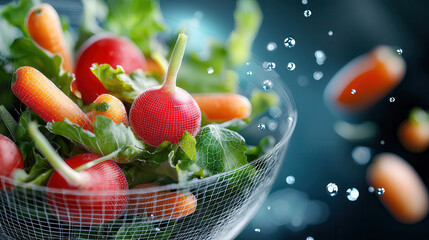 Aufkleber - holographic basket of radishes and carrots glows with neon wireframe effects, surrounded by floating water droplets, creating futuristic and vibrant scene