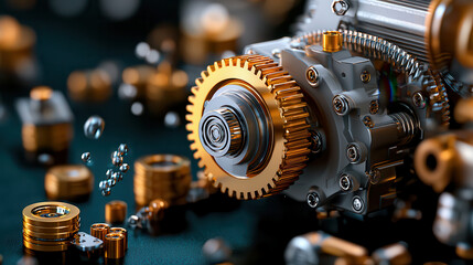 Leinwandbilder - macro view of interconnected industrial machinery gears showcases intricate details and metallic textures, highlighting precision and complexity of engineering