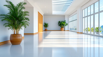 Leinwandbilder - spacious, minimalist architectural corridor with modern white concrete walls and large windows, featuring potted plants and abundant natural light