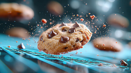 Poster - chocolate chip cookie floats in futuristic setting, surrounded by crumbs and neon glow, creating dynamic and vibrant scene