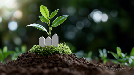 Poster - small plant with vibrant green leaves grows in rich soil, surrounded by miniature white fence, symbolizing growth and protection in natural setting