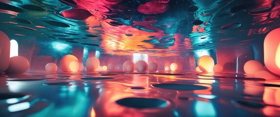 Poster - Abstract underwater scene with colorful reflections and glowing spheres in a vibrant surreal environment