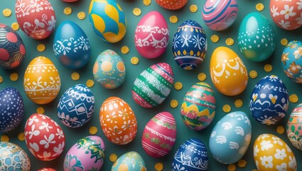 Wall Mural - Colorful decorated Easter eggs arranged on a teal surface with gold coins scattered around them