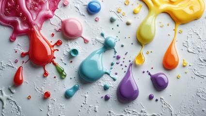 Wall Mural - Colorful paint droplets and splashes on a textured white surface with assorted shades including red blue yellow green pink and purple