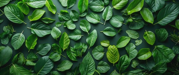 Poster - assorted green leaves flat lay arrangement on dark background with various shapes and sizes of foliage