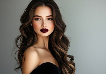 Wall Mural - A beautiful woman with long, wavy brown hair and burgundy lipstick poses for the camera in front of a gray background.