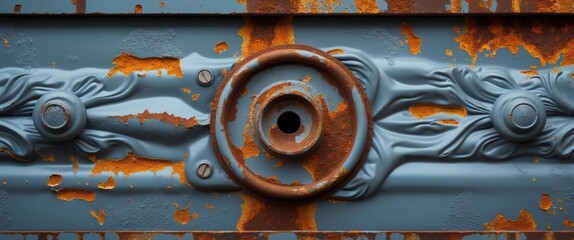 Wall Mural - Rusty blue metal surface with ornate detailing and a circular hole, showcasing weathered textures and peeling paint.