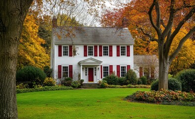 Wall Mural - A classic colonial-style house with red shutters, surrounded by large trees and green lawns, creating an inviting atmosphere in the bustling city.