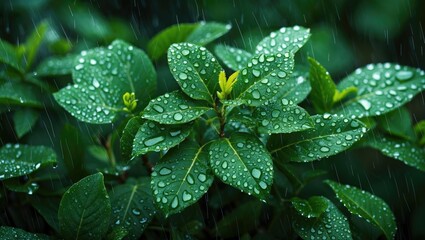 Poster - Green leaves covered in water droplets during rain with blurred background showcasing fresh plant growth and natural environment.