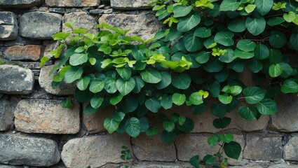 Poster - Green leaves climbing on a weathered stone wall creating a natural background texture in a rustic setting