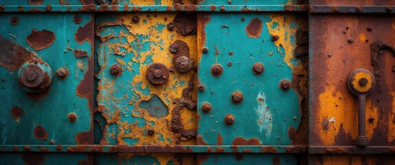 Wall Mural - Rusty metal surface with peeling paint in turquoise, orange, and brown tones showcasing texture and industrial decay