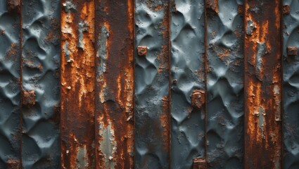 Wall Mural - Rusty metal wall texture with peeling paint and corrosion on raised surface in industrial style.