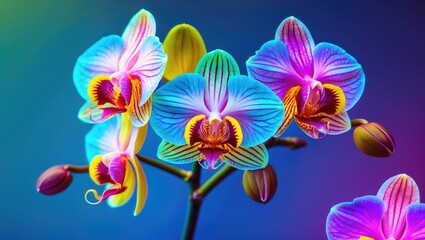 Wall Mural - vibrant blue and purple orchid flowers with intricate patterns against a colorful blurred background