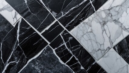 Wall Mural - diagonal arrangement of black and white marble tiles showcasing intricate veining and contrasting te