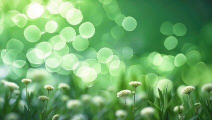 Wall Mural - green bokeh background with soft focus flowers and grass in a natural setting for decorative or desi