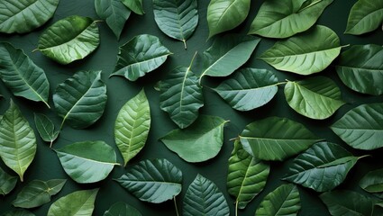 Poster - Variety of green leaves arranged on a dark green background in a flat lay composition