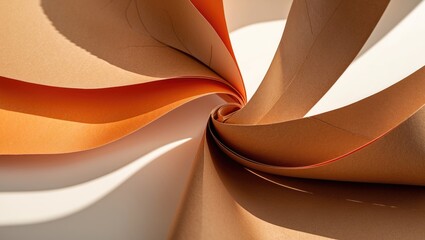 Wall Mural - Abstract swirling orange and brown paper curls with soft lighting and shadows on a white background