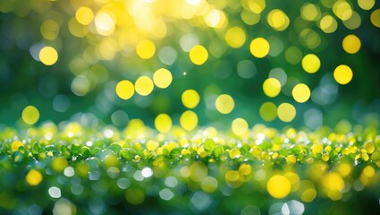 Wall Mural - abstract background with blurred green foliage and golden bokeh lights creating a soft, natural ambi