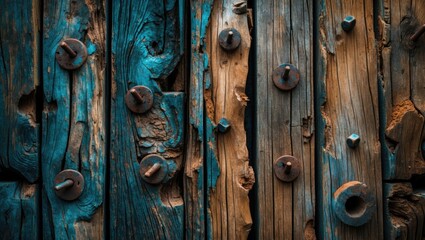 Wall Mural - Weathered wooden planks with blue and brown paint and rusty metal fasteners creating a rustic textured background