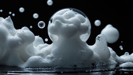 Canvas Print - close-up view of soap bubbles and foam with a dark background creating contrast and highlighting the