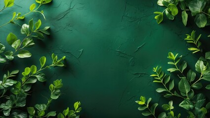 Poster - Green textured background with various lush green leaves arranged around the edges creating a natural frame.