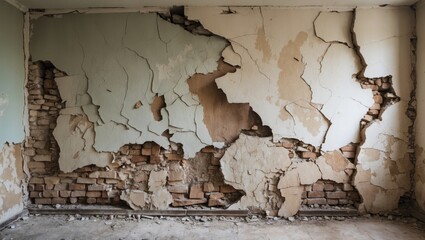 Wall Mural - Cracked peeling wall with exposed bricks in an abandoned room showing deterioration and decay in interior architecture