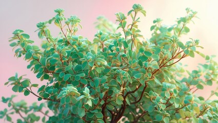 Wall Mural - Close-up view of vibrant green foliage with small leaves and delicate branching against a softly blurred pastel background