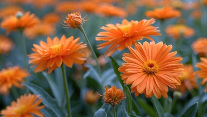 Wall Mural - Orange flowers in full bloom in a vibrant garden setting with green leaves and soft focus background. Floral photography of nature.