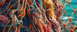 © VRVisionary - Colorful fishing net and rope close-up with blurred background of water, marine equipment detail, nautical theme, textured fibers.