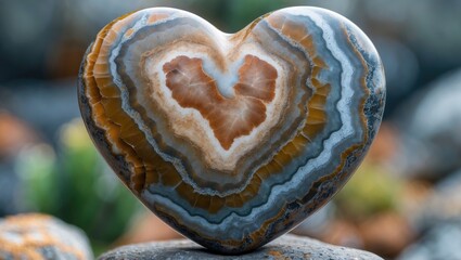 Wall Mural - heart shaped stone with intricate layers of brown, orange and blue patterns on a blurred background 
