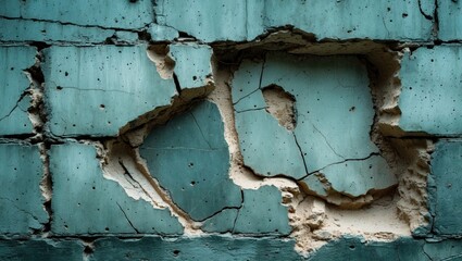 Canvas Print - textured cracked wall with peeling blue paint and exposed concrete revealing damage and wear in urba