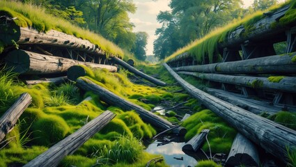 Poster - Overgrown wooden logs along a small stream in a lush green forest setting with tall grasses and trees under a bright sky.