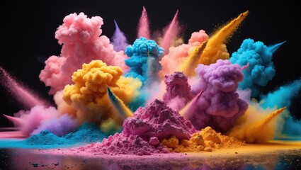 Wall Mural - colorful powder explosion with vibrant pink, blue, yellow, and purple smoke clouds in dynamic motion